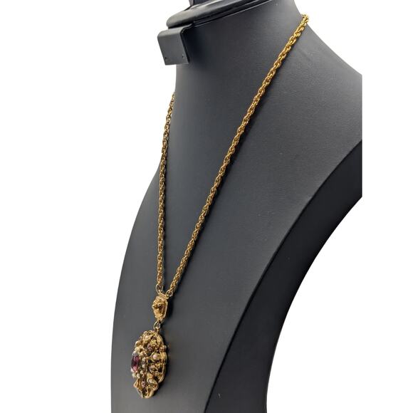 VTG 60's Gold Tone Faux Pearl Amethyst Color Rhinestone Pendant 22" Necklace - Picture 2 of 6